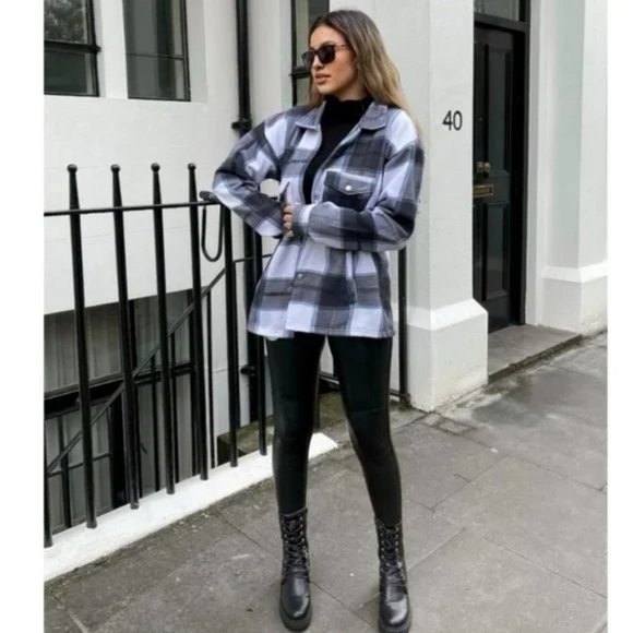 Black Plaid Check Long Sleeve Loose Fit Shacket Shirt Jacket - Picture 7 of 8